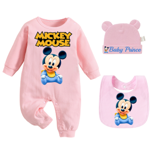 Disney | 3 Pieces/Sets Newborn Saliva Towel Baby Bib Newborn Crawling Suit Kawaii Feeding Bib Baby Pink Hat Newborn Set Spitting Up Milk