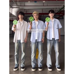 ZHUOCAN | Quần Jeans Xanh Dài Chân Ôm Sát Kiểu Flare Thẳng Cleanfit