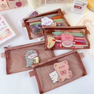 Zaman Now - Tempat Pensil Zipper Coklat Motif / Tempat pensil jaring zipper transparant / Tempat Makeup Model Jaring Transparan