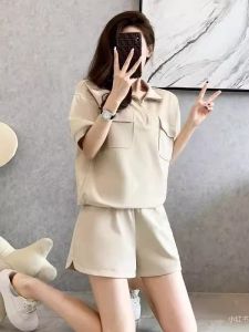 Fashionable Casual Sportswear Set Womens Summer High-End Polo Neck Top Wide Leg Shorts Salt System Maturity Two-Piece Set