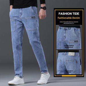 Stretchy Mens Denim Jeans Summer New Style High Fashion Straight Leg Pants Multiple Pockets Long Trousers Versatile Casual Wear