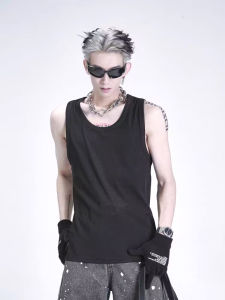 Loose Fit American High Street Ribbed Vest Mens Trendy Cityboy Low Neck Sleeveless T-Shirt Large Collar Seamless Sporty Shoulder