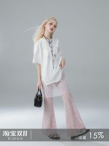 กางเกงขายาวทรงหลวมเอวสูงผ้าไนลอนผสมยางยืดสำหรับผู้หญิงในช่วงฤดูร้อน กางเกงขายาวทรงหลวมบางๆ ลายลูกไม้สีชมพูมนุษย์ขนาดเล็ก ONEOFUUU