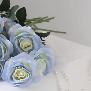 SMR | 10Pc Artificial Flowers Blue Rose Valentines Silk Bridal Bouquet Wedding Wreath Home Room Outdoor Decor DIY Handheld FlowerGift