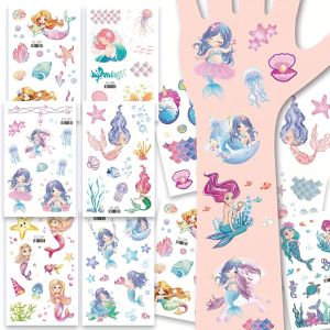 12 Sheets Glitter Mermaid Tattoo Stickers For Kids Cute Unicorn Temporary Tattoos Body Art Fake Tattoo Birthday Party Favors