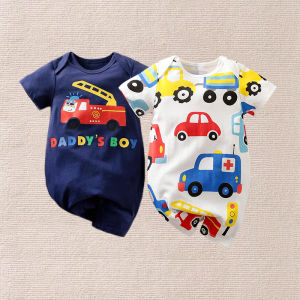 Baby Clothes 100% Cotton Short Sleeve Allover Cartoon Cars Print Jumpsuit Bodysuit Romper For 0-18months Baby Boys