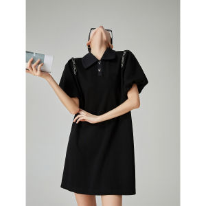 Black Polo Collar Loose Casual Dress Womens Summer New Style Korean Lazy Wind Trendy Skirt H-Line Simple Design Polyester Fabric