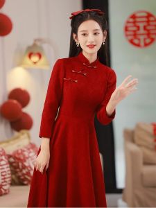 Red Long Sleeve Qipao Dress for Women Spring Autumn New Style Daily Chinese Traditional Wedding Dress Banquet Drinking Ceremony