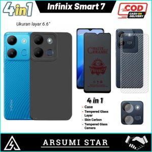 Promo Paket Murah 4in1 Case Infinix Smart 7 Camera Softcase Slim Black Matte Case Liquit + Tg Anti Gores Ceramic Matte Anti Spy + Skin Camera + Garskin Carbon 3D