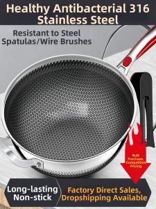 Stainless Steel Non-Stick Wok Pan Flat Bottom Double Screen Home Use Gas And Induction Cooktop Compatible 35cm Diameter