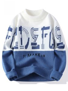 ROMON | Loomen Mens Knitted Sweater Thickened Warm Casual Loose Color Block Overhead Winter Fashion Polyester Nylon Blend Long Sleeve