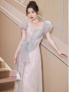 New Chinese Style Evening Gown Fish Tail Princess Wedding Dress Blue Graduation Performance Clothes for Women Adult Size