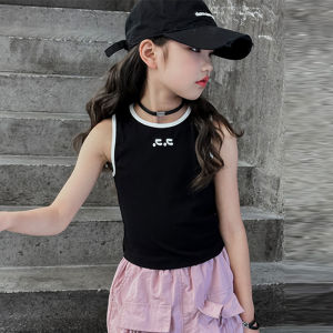 Girls Vest Top Summer Casual Style Short Sleeveless Irregular Shoulder Design Children Outerwear round Neck Pure Color