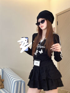 Sweet Cool 3D Butterfly Embroidery Letter Long Sleeve Womens Lace Patchwork V-neck T-shirt Color Block Striped Base Top