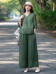 ชุดสองชิ้นผ้าฝ้ายลินินฤดูร้อนปี 2025 สำหรับคุณแม่ กระโปรงสั้นแขนสั้น ทรงหลวม คอวี กระดุม สไตล์ย้อนยุค