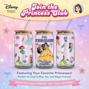 Disney | 1pc 16oz Disney Princess Borosilicate Glass Tumbler with Bamboo Lid & Straw Cute Summer Cup for Iced Coffee Juice Perfect Gift