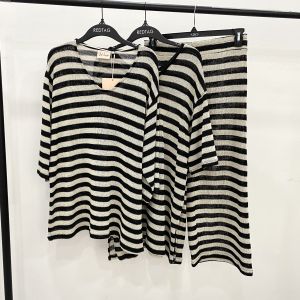 เสื้อยืดคอวีทรงหลวมถักคอตตอนผสมโพลีเอสเตอร์ 9 กระดุมทรงหลวม ชุดกางเกงขายาวทรงตรง เสื้อผ้าทำงานฤดูใบไม้ร่วง