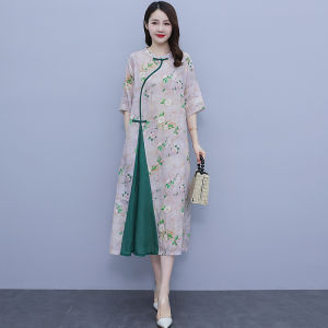 plus Size Womens Cheongsam Dress Summer Vintage Buttoned Flax Print Long Skirt Color Block Linen Split Skirt Artistic Commute