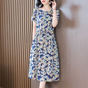 Elegant Cotton Silk Dress Mom Summer Fashion High Waist Middle Aged And Elderly Stylish Dress Breathable Long Sleeve Printed Dress