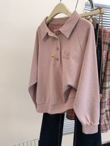 Pink Long Sleeve Polo Neck Sweatshirt Womens Spring Autumn Thin American Lazy Style Top Korean Version Regular Fit Hoodie