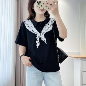 เสื้อยืดแขนสั้นพิมพ์ลายแฟชั่นสำหรับผู้หญิงไซส์ใหญ่ ผ้าพันคอ ทรงหลวม ปกปิดหน้าท้อง กระชับสัดส่วน ลดอายุ ฤดูร้อน 2025