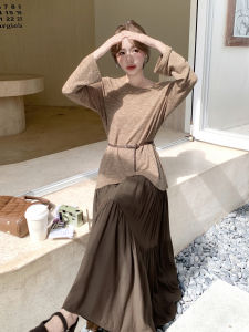 Caramel Knitted Top And Skirt Set Womens Fashion Maturity Two-Piece Suit Autumn New Style Casual Versatile Polyester Fiber