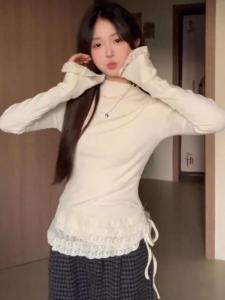 Korean Style Pure Desire Lace Half High Collar Long Sleeve Womens T-Shirt Slim Fit Base Shirt Inner Wear Top for Autumn