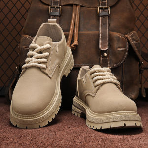 Mens Casual Martin Boots Retro British Style Thick Bottom Leather Shoes Autumn Winter Low Top Workwear Trendy Footwear