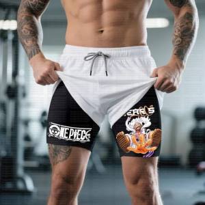 Bandai | White One Piece Manga Dual Layer Workout Shorts for Men Running Training Anime Character Print Quick Dry Material with Pockets