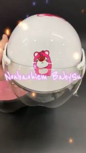 Nón bảo hiểm trẻ em 3-9 tuổi gắn kính in hình gấu dâu cute cho bé bảo hành chính hãng 12 tháng kèm phụ kiện tai mèo