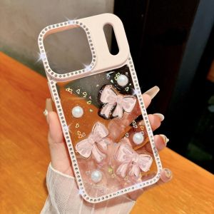 ญี่ปุ่นเกาหลีGlitter Bling 3D Pearl Bowknotเคสโทรศัพท์สําหรับiPhone 17 Air 16 15 14 13 17 Pro Maxเงาเพชรกันชนฝาครอบ