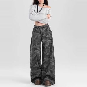 Spicy Camouflage High Waist Wide Leg Jeans Womens High Street Style Casual Zipper Pocket Denim Pants Loose Fit Four Seasons