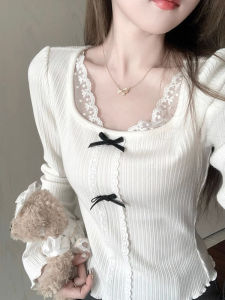 Herli Diary Long Sleeve T-Shirt Womens Slim Fit Sweet Lace Edge Base Shirt Korean Style Commute Pure Color Wear Resistant