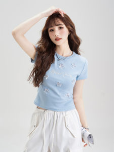 Sweet Butterfly Knot Short Sleeve T-Shirt Womens Summer New Style Embroidery Youthful Shoulder Length Casual Fashion Top