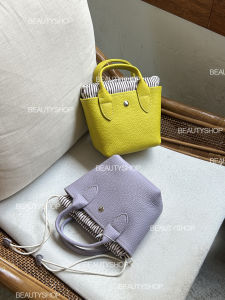 Top Layer Cowhide Mini Bucket Bag Grainy Lychee Pattern Genuine Leather Small Crossbody Bag Contrast Color Garden Handbag