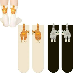 2Pairs Cats Lovers Cute Cat Socks with Balls for Women 3D Funny Cat Socks with Fuzzy Balls Novelty Crew Cotton Sock Gifts