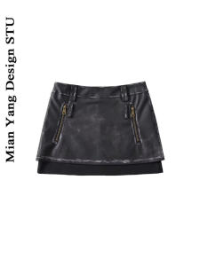 Váy Ngắn Chữ a Bằng Da PU Màu Trơn Phong Cách Đường Phố Cạp Cao Mùa Thu Đông Cho Nữ Váy Ngắn Mùa Thu Phong Cách Mỹ Cổ Điển