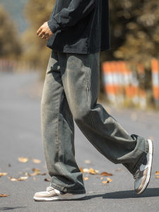 กางเกงยีนส์ทรงหลวมสไตล์ย้อนยุคสำหรับผู้ชาย กางเกงขายาวทรงตรง ผ้าฝ้ายผสมโพลีเอสเตอร์ เอวยางยืด สวมใส่สบาย