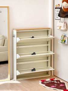 เก้าอี้รองเท้าแบบบางพิเศษสำหรับบ้านขนาดเล็ก จัดระเบียบรองเท้าได้ดี เก้าอี้รองเท้าแบบพับได้ความจุขนาดใหญ่ ดีไซน์สไตล์ครีม