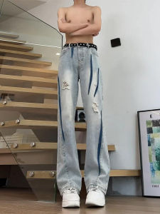 กางเกงยีนส์ขาดๆ สำหรับผู้ชาย ทรงหลวม สไตล์อเมริกัน ทรงหลวม กางเกงขายาว ทรงขาบาน ทรงลำลอง