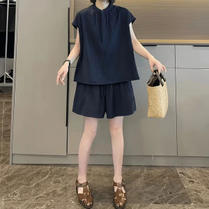 Shalldoer | Loose Casual Womens Set Summer Stripe Short Sleeve Shirt Elastic Waist Shorts Two Piece Set Simple Style Korean Version