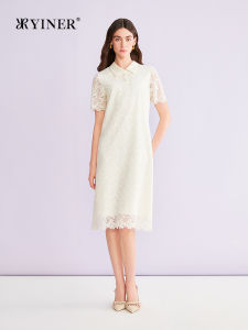 YINER | 2026 Summer French Elegance Lace Hollow Texture Polo Collar Straight Dress