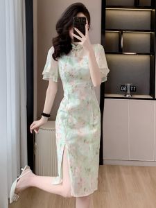 Elegant Retro Chinese Style Midi Dress Womens Summer Fashion High Waist Gauze Print Short Sleeve Half Open Collar A-Line Dress