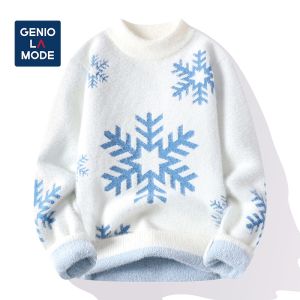 Mens Knitted Sweater Winter Thickened Fleece Half High Collar Long Sleeve Geometric Pattern Trendy Youth Fashion Genio Lamode