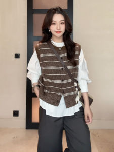 Autumn Knitted Stripe Open Cardigan Vest round Neck Single Button Commute Style Regular Length Other 100% Material Component