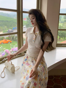 DENGLIULIU | Elegant French Style Knitted Top Slimming Floral Skirt Outfit
