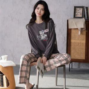 Plus Size Womens Pajamas Cartoon Bear Long Sleeve Student Loungewear Plaid Trousers Cute Girl Sleepwear Homewear 2PCS/Set