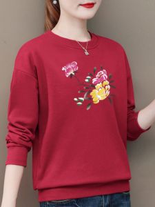 Spring Autumn and Winter New Print Loose-Fitting plus Size Pullover Womens Middle-Aged Ladieswear Fleece-lined Thickened Long Sleeve Thermal Top