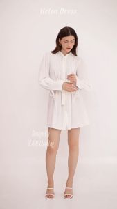 HJYN | Đầm sơ mi linen premium Hellen tay dài cách điệu màu trắng kèm đai lưng có thể tháo rời