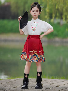 Girls Short Hanfu Skirt Set Lightweight Summer Childrens Traditional Chinese Style Outfit Female Kids Tang Suit Polyurethane Elastic Fiber